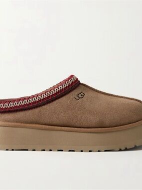 UGG Women's Brown Suede Platform Mule with Red Trim Detail